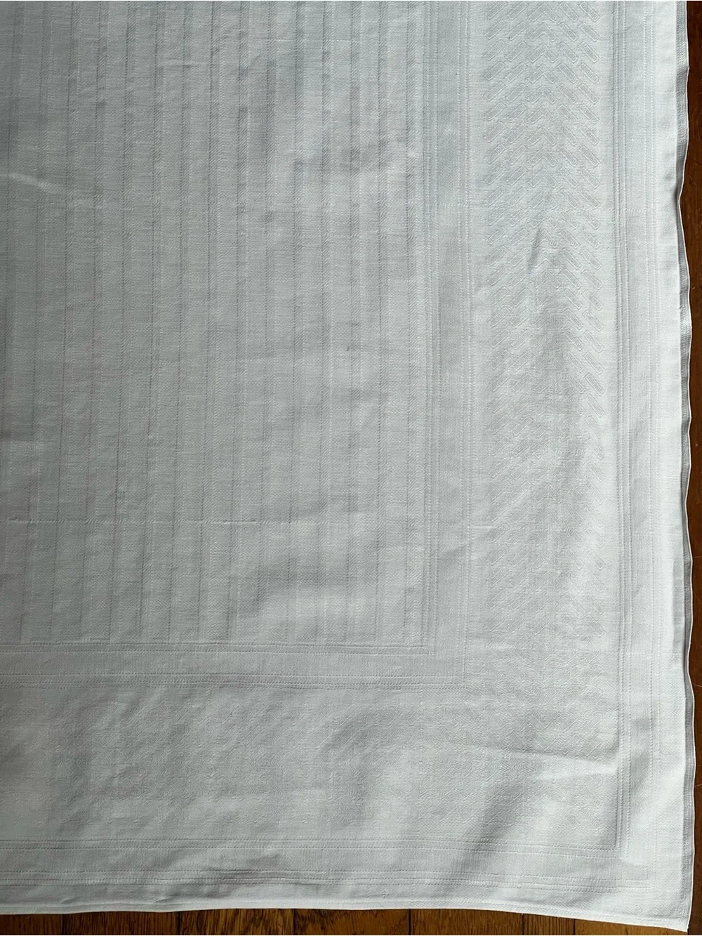 Vintage linen White work striped Tablecloth with decorative border 43 in square.